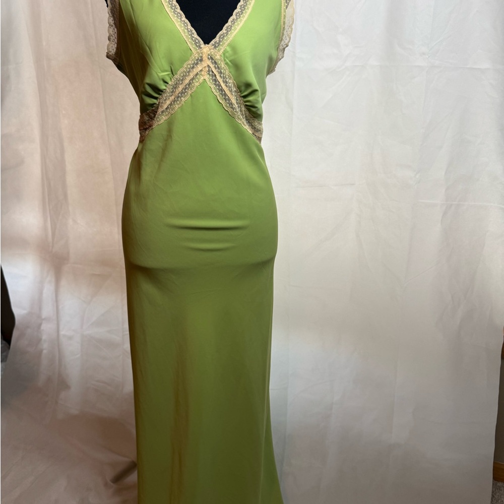Olive Green Lace-Trim Maxi Dress
